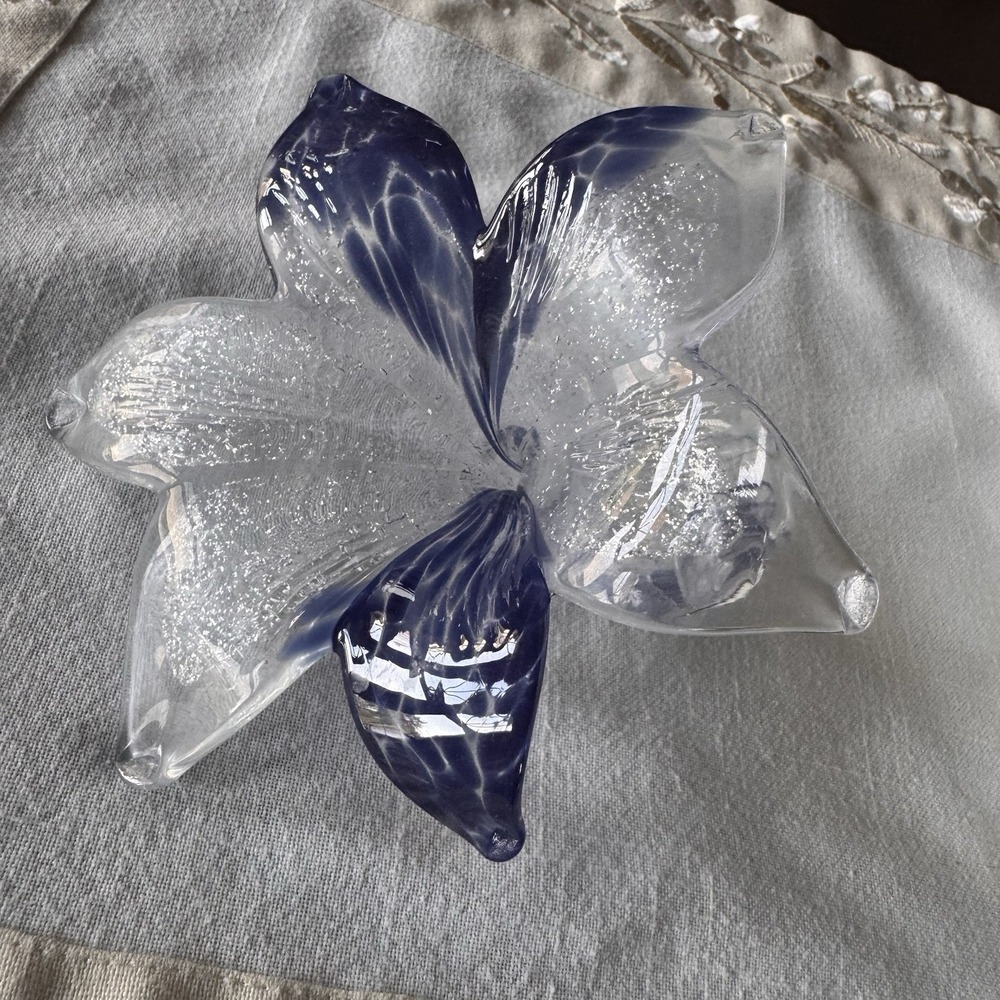 Murano Style Hand Blown Glass Flower, Made in Italy Dark Blue W/ Silver Accents